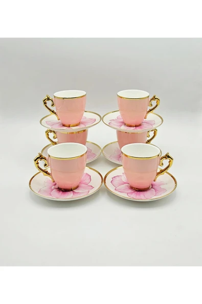 Tekbir VİNTAGE PEMBE ÇİÇEKLİ PORSELEN KAHVE FİNCAN 12 Parça & 6 Kişilik - Resim 2