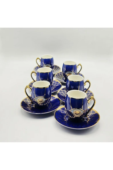 Tekbir NAZAR BONCUĞU DESENLİ 12 PARÇA PORSELEN KAHVE FİNCAN SETİ MAVİ-GOLD ürün görseli 1