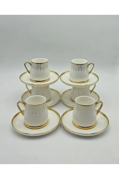 Tekbir BEYAZ GOLD ÇİZGİLİ PORSELEN KAHVE FİNCAN 12 Parça & 6 Kişilik - Resim 2