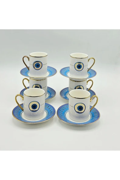 Tekbir NAZAR BONCUĞU MAVİ DESENLİ 12 PARÇA PORSELEN KAHVE FİNCAN SETİ ( 6 kişilik ) - Resim 3