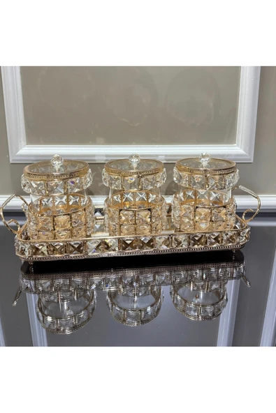Furkan KRİSTAL TAŞLI 3 LÜ BAHARATLIK SETİ TEPSİLİ GOLD - Resim 3