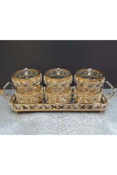 Furkan KRİSTAL TAŞLI 3 LÜ BAHARATLIK SETİ TEPSİLİ GOLD ürün görseli 1