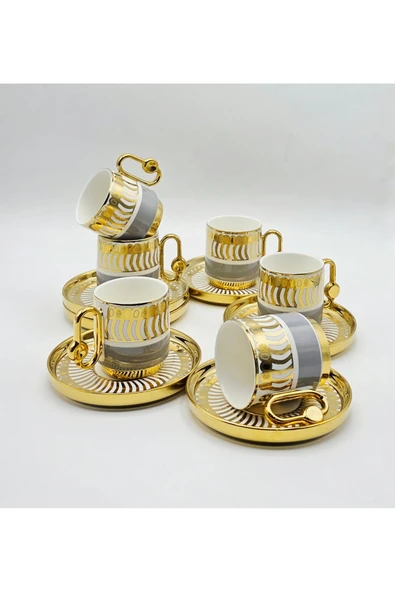 Bycomo BY COMO LÜX GRİ-GOLD VİNTAGE PORSELEN KAHVE FİNCAN 12 Parça & 6 Kişilik - Resim 2