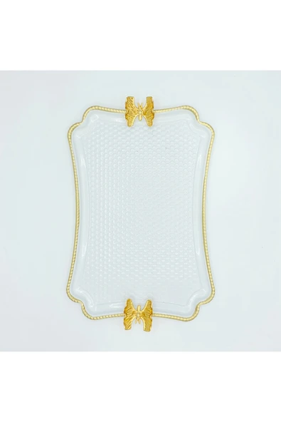 Lavin BEYAZ METAL DÖVMELİ DİKDÖRTGEN KELEBEKLİ SUNUM TEPSİSİ ürün görseli 1