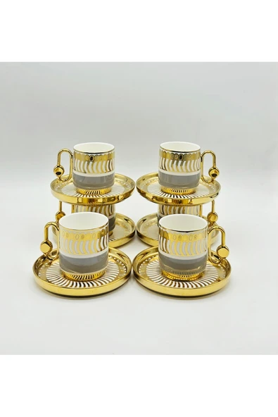Bycomo BY COMO LÜX GRİ-GOLD VİNTAGE PORSELEN KAHVE FİNCAN 12 Parça & 6 Kişilik - Resim 3
