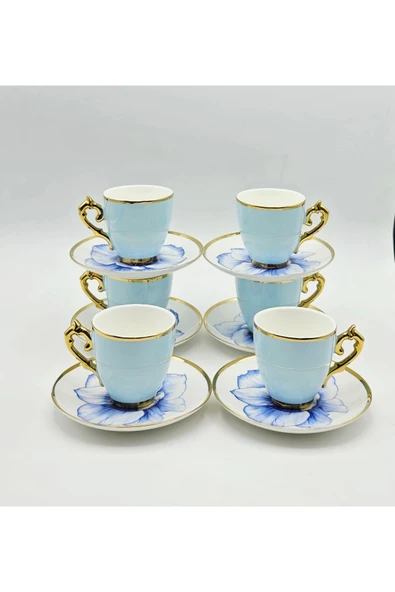 Tekbir VİNTAGE TURKUAZ ÇİÇEKLİ PORSELEN KAHVE FİNCAN 12 Parça & 6 Kişilik - Resim 2