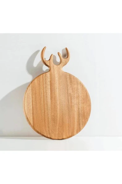 Bycomo Yuvarlak Ahşap Bambu Kesim Panosu - Kesme Tahtası Geyik Boynuz Figür Saplı = 28 X 38 cm ürün görseli 1