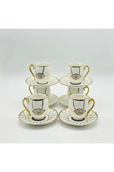 Tekbir NAZAR BONCUĞU DESENLİ 12 PARÇA PORSELEN KAHVE FİNCAN SETİ MAVİ-GOLD - Resim 3
