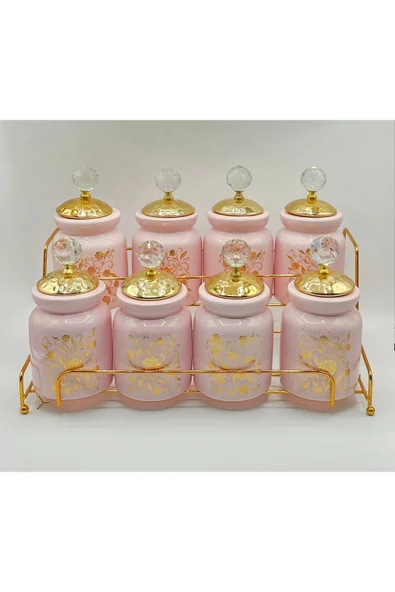 İnter İNTERLİFE LÜX PORSELEN 8 Li BAHARAT TAKIMI KRİSTAL TAŞLI KULP PEMBE RENK ürün görseli 1