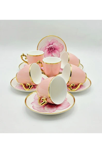 Tekbir VİNTAGE PEMBE ÇİÇEKLİ PORSELEN KAHVE FİNCAN 12 Parça & 6 Kişilik - Resim 3