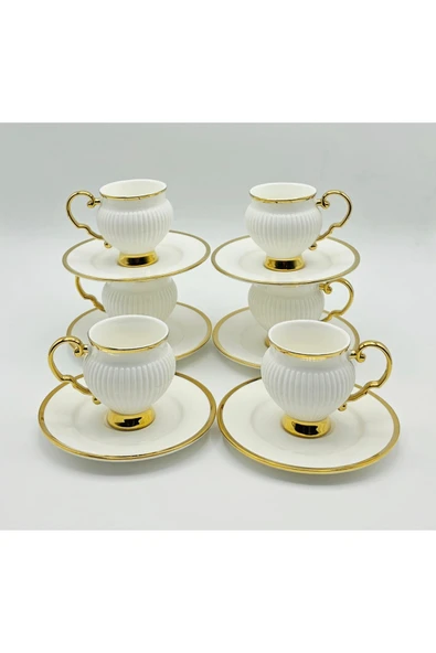 Tekbir GOLD DETAYLI KENDİNDEN ÇİZGİLİ PORSELEN KAHVE FİNCAN 12 Parça & 6 Kişilik - Resim 2