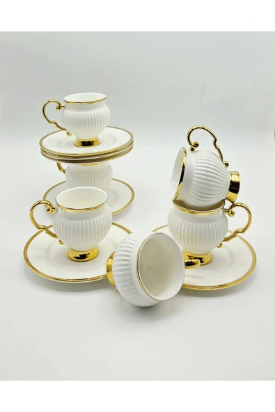 Tekbir GOLD DETAYLI KENDİNDEN ÇİZGİLİ PORSELEN KAHVE FİNCAN 12 Parça & 6 Kişilik ürün görseli 1