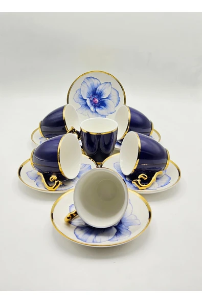 Tekbir VİNTAGE LACİVERT ÇİÇEKLİ PORSELEN KAHVE FİNCAN 12 Parça & 6 Kişilik - Resim 3