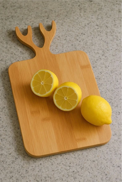 Bycomo Dikdörtgen Ahşap Bambu Kesim Panosu - Kesme Tahtası Geyik Boynuz Figür Saplı 20 X 38 cm - Resim 2