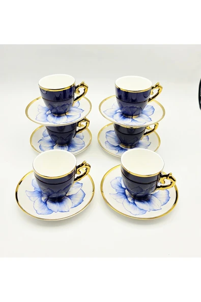 Tekbir VİNTAGE LACİVERT ÇİÇEKLİ PORSELEN KAHVE FİNCAN 12 Parça & 6 Kişilik - Resim 2