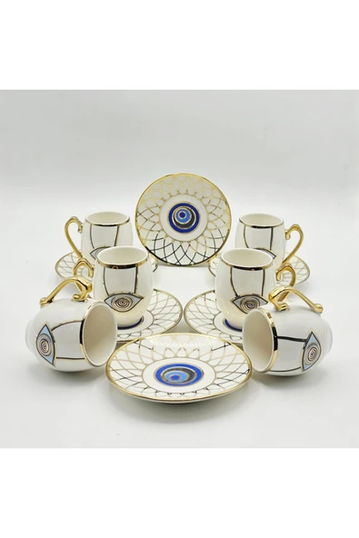 Tekbir NAZAR BONCUĞU DESENLİ 12 PARÇA PORSELEN KAHVE FİNCAN SETİ MAVİ-GOLD ürün görseli 1