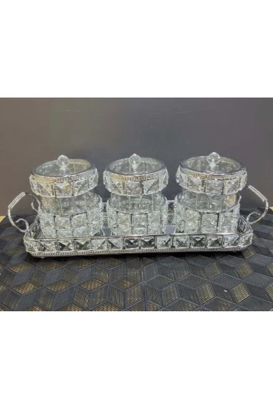 Furkan KRİSTAL TAŞLI 3 LÜ BAHARATLIK SETİ TEPSİLİ ürün görseli 1