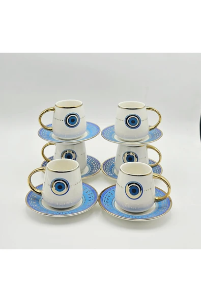 Tekbir NAZAR BONCUĞU DESENLİ MAVİ 12 PARÇA PORSELEN KAHVE FİNCAN SETİ ( 6 kişilik ) - Resim 3