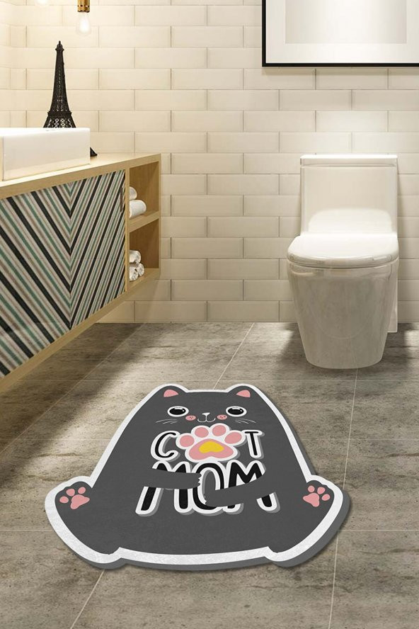 elleser 60x90  Cat Mom Dijital Banyo Paspası Tekli Klozet Takımı