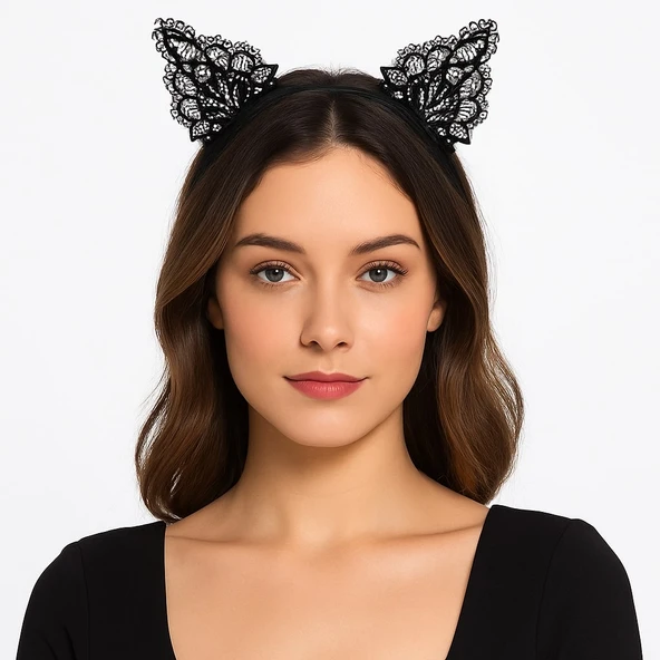 Dantelli Siyah Kedi Tacı Vintage Tarz Dantel Kedi Kulak