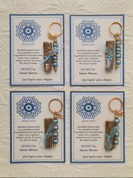 64 Adet Kişiye Özel Nazar Ayeti Sünnet Hatırası Dağıtmalık Hediyelik Mavi Renk Anahtarlık ve Kına - Resim 4
