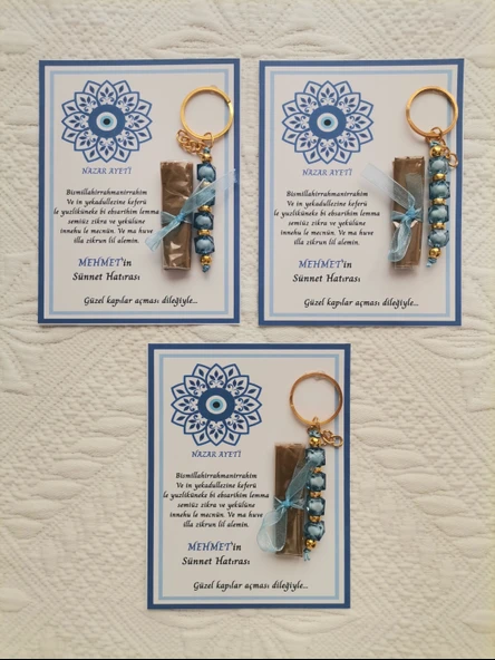 32 Adet Kişiye Özel Nazar Ayeti Sünnet Hatırası Dağıtmalık Hediyelik Mavi Renk Anahtarlık ve Kına - Resim 3