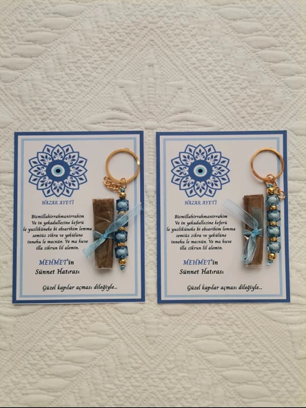 32 Adet Kişiye Özel Nazar Ayeti Sünnet Hatırası Dağıtmalık Hediyelik Mavi Renk Anahtarlık ve Kına - Resim 2