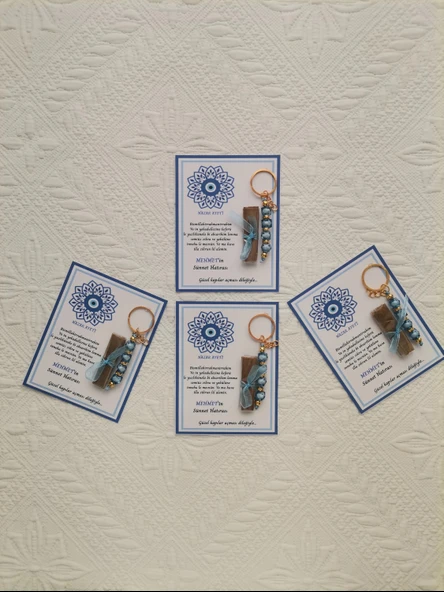 100 Adet Kişiye Özel Nazar Ayeti Sünnet Hatırası Dağıtmalık Hediyelik Mavi Renk Anahtarlık ve Kına - Resim 5