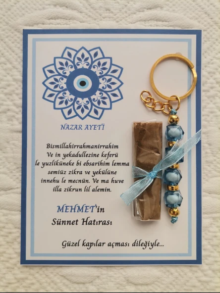100 Adet Kişiye Özel Nazar Ayeti Sünnet Hatırası Dağıtmalık Hediyelik Mavi Renk Anahtarlık ve Kına ürün görseli