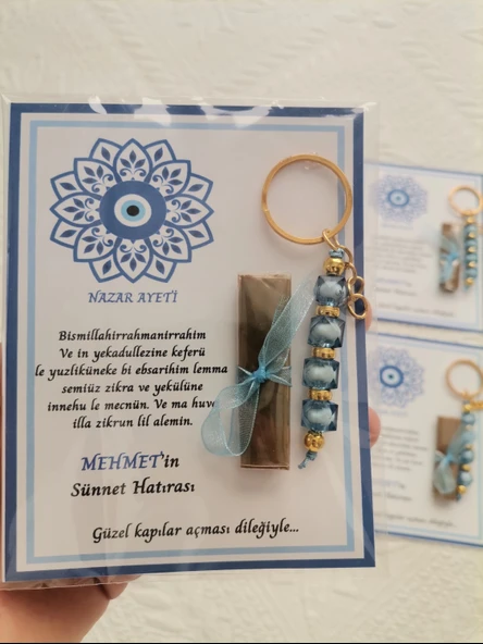 100 Adet Kişiye Özel Nazar Ayeti Sünnet Hatırası Dağıtmalık Hediyelik Mavi Renk Anahtarlık ve Kına - Resim 6
