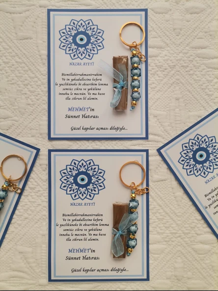 64 Adet Kişiye Özel Nazar Ayeti Sünnet Hatırası Dağıtmalık Hediyelik Mavi Renk Anahtarlık ve Kına - Resim 7