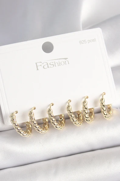 925 Ayar Gümüş Çivi Pirinç Gold Renk Sarmal Halka Model Kadın Küpe Seti ürün görseli 1