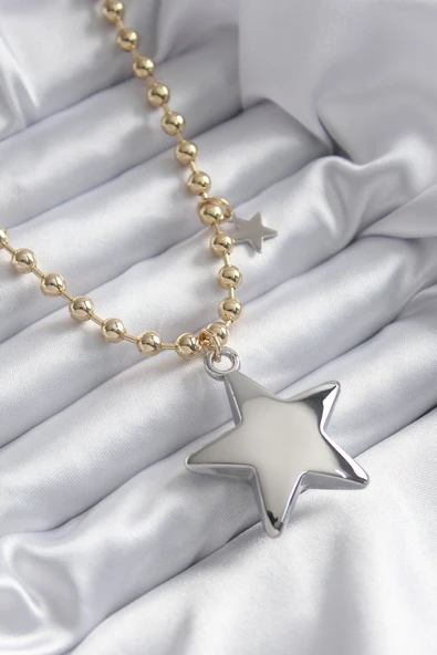 Pirinç Gold Renk Topçuk Zincir Gümüş 3D Yıldız Model Yıldız Detay VİP Kadın Ke