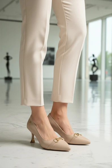 Pierre Cardin Krem Kadın Kısa İnce Topuklu Ayakkabı PC-55015 Z - 3