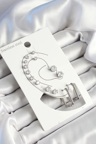 316L Çelik Dikdörtgen Figürlü Ve Zirkon Taşlı Gümüş Renk 7'li Çift Kadın Küpe Set ürün görseli 1