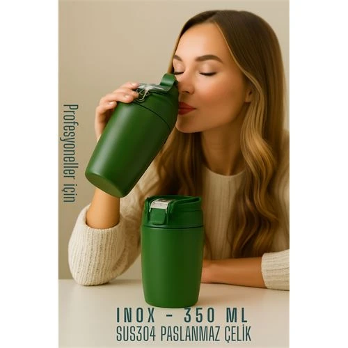 Inox Çelik Kahve Bardağı 350 ml SUS304 Çelik Termos Profesyonel YEŞİL