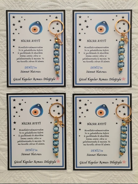 100 Adet Kişiye Özel Nazar Ayeti Sünnet Hatırası Dağıtmalık Hediyelik Mavi Renk Anahtarlık - Resim 5