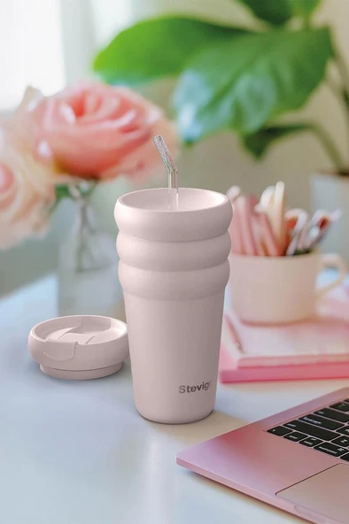 Stevig 3 Bubble Two-Cap Straw Tumbler Çelik Termos 600 ML Soft Quartz ST-248 - Resim 6