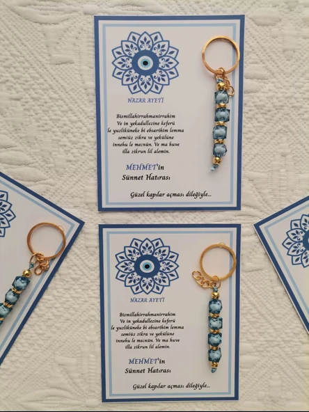 32 Adet Kişiye Özel Nazar Ayeti Sünnet Hatırası Dağıtmalık Hediyelik Mavi Renk Anahtarlık - Resim 7