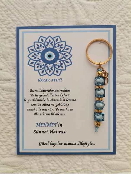 64 Adet Kişiye Özel Nazar Ayeti Sünnet Hatırası Dağıtmalık Hediyelik Mavi Renk Anahtarlık ürün görseli