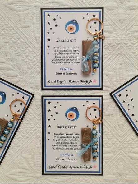 64 Adet Kişiye Özel Nazar Ayeti Sünnet Hatırası Dağıtmalık Hediyelik Mavi Renk Anahtarlık ve Kına - Resim 7