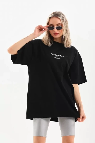 Unisex Baskılı Oversize T-Shirt - Siyah ürün görseli 1