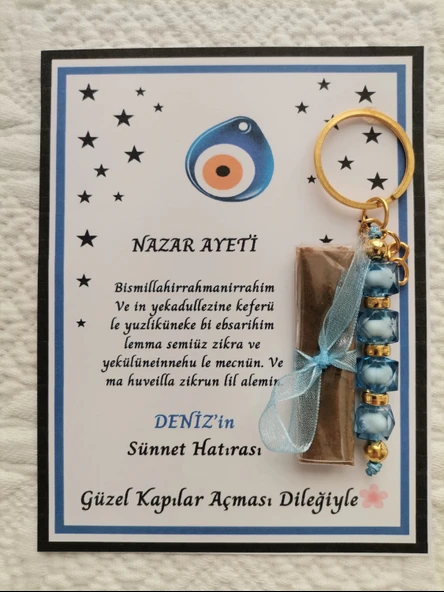 64 Adet Kişiye Özel Nazar Ayeti Sünnet Hatırası Dağıtmalık Hediyelik Mavi Renk Anahtarlık ve Kına ürün görseli
