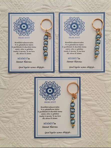 32 Adet Kişiye Özel Nazar Ayeti Sünnet Hatırası Dağıtmalık Hediyelik Mavi Renk Anahtarlık - Resim 3