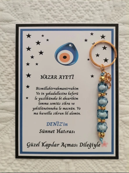 64 Adet Kişiye Özel Nazar Ayeti Sünnet Hatırası Dağıtmalık Hediyelik Mavi Renk Anahtarlık - Resim 2