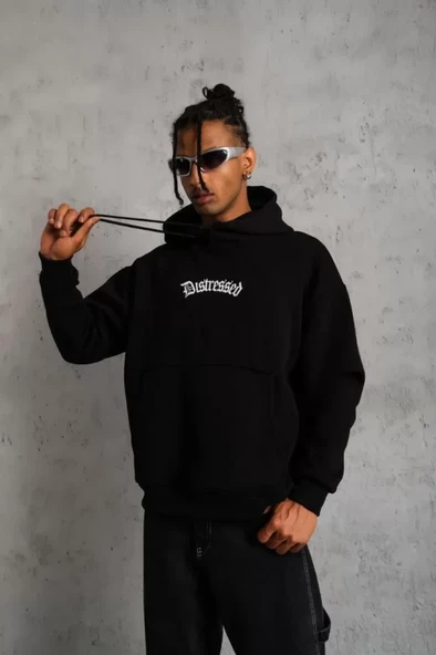 Erkek Üç İplik Baskılı Kapüşonlu Sweat - Siyah - 3