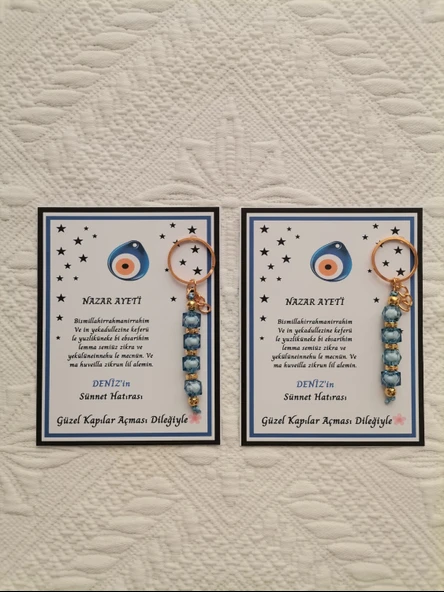 100 Adet Kişiye Özel Nazar Ayeti Sünnet Hatırası Dağıtmalık Hediyelik Mavi Renk Anahtarlık - Resim 3