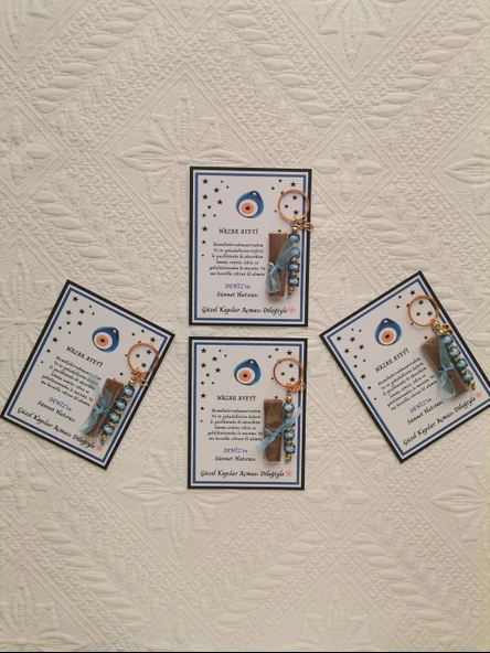 32 Adet Kişiye Özel Nazar Ayeti Sünnet Hatırası Dağıtmalık Hediyelik Mavi Renk Anahtarlık ve Kına - Resim 5