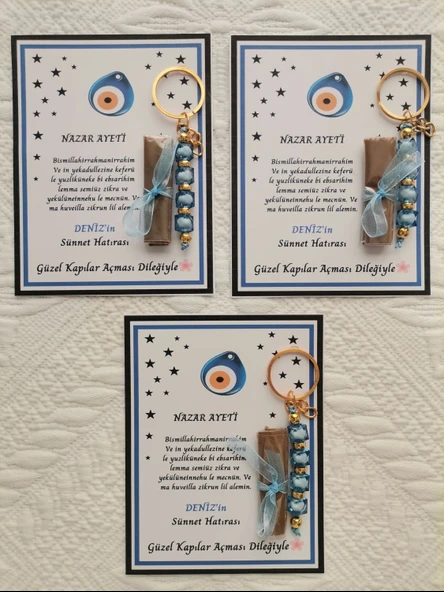 64 Adet Kişiye Özel Nazar Ayeti Sünnet Hatırası Dağıtmalık Hediyelik Mavi Renk Anahtarlık ve Kına - Resim 3