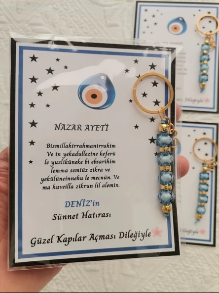 32 Adet Kişiye Özel Nazar Ayeti Sünnet Hatırası Dağıtmalık Hediyelik Mavi Renk Anahtarlık - Resim 7